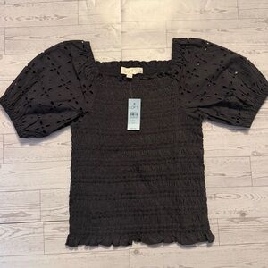 LOFT Black Eyelet Puff Sleeve Blouse XS Petite